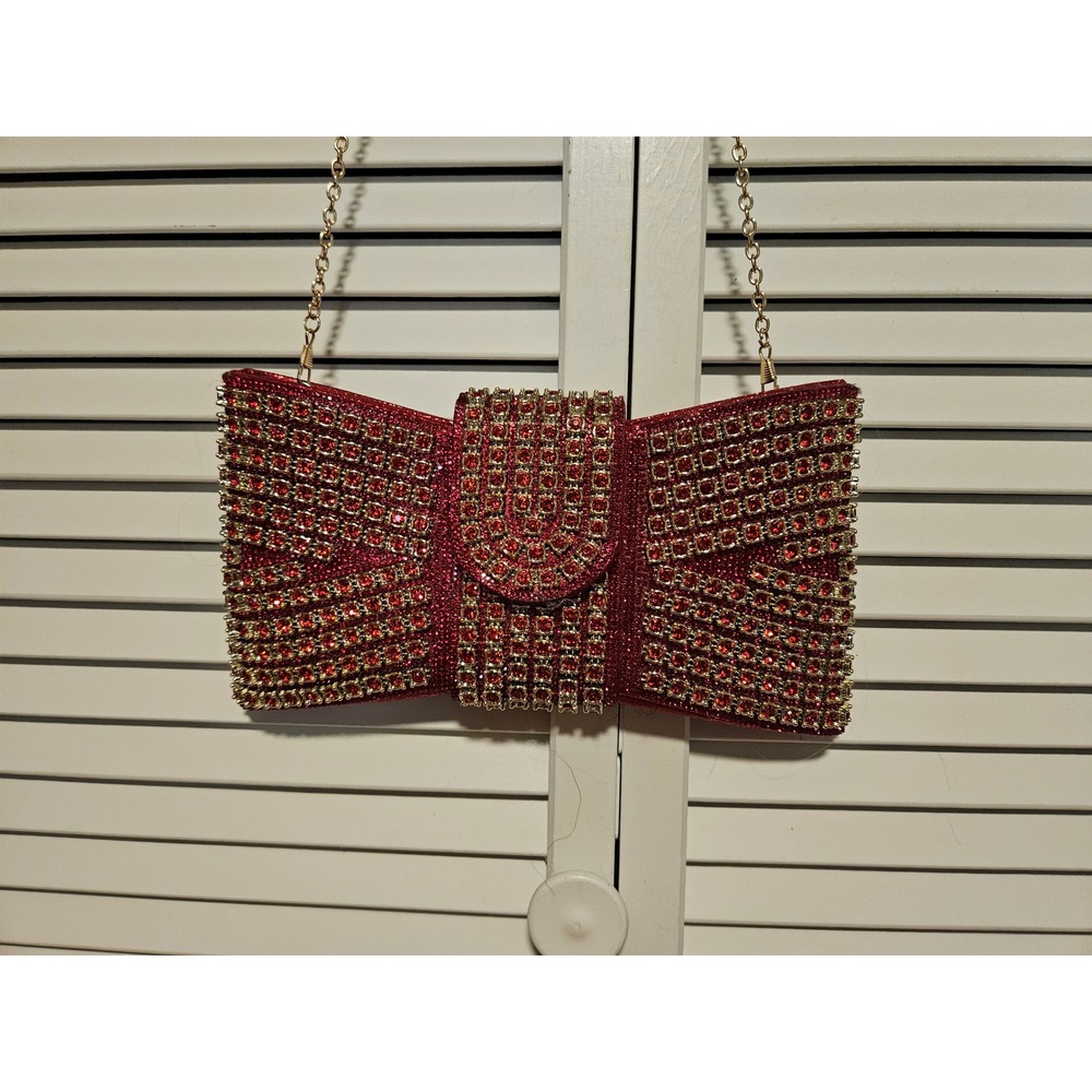 Red Rhinestone Bow Evening Clutch Bag Gold Chain Strap Formal Wedding Accessory